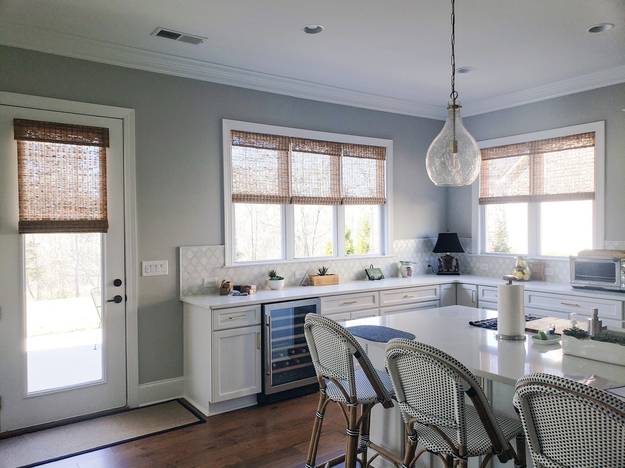 Cordless woven wood shades with 6” valances and no liner