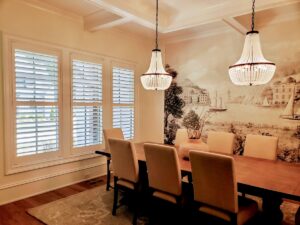 3 1/2" wood plantation shutters with a divider rail and a hidden tilt feature